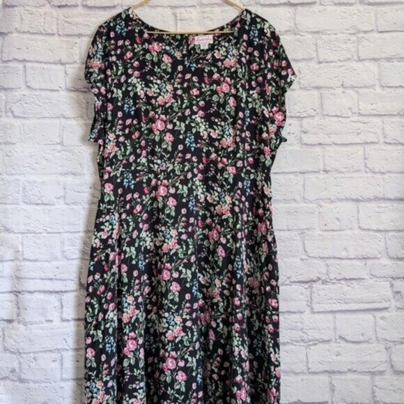 Lanz of Salzburg Floral Elegance Dress XL Black Pink Cottagecore Knee Length - Picture 3 of 8